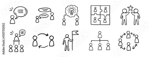 meeting team icon work team doodle hand drawn icon set. Outline drawing line clipart symbol collection