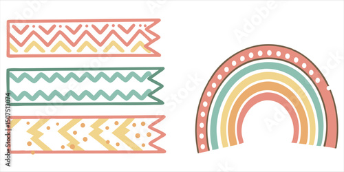 Collection of decorative vector elements including patterned ribbons and a colorful rainbow in muted pastel tones
