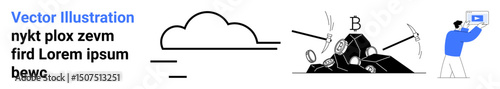 Cloud, mountain with coins, pickaxes, and person holding a digital screen. Ideal for cloud technology, cryptocurrency, blockchain, data storage, digital tools online finance simple landing page