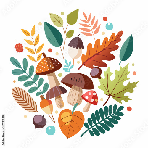 vector illustration of autumn leaves and mushrooms