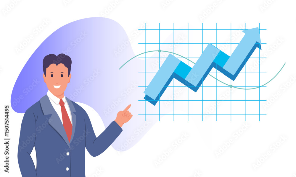A man in a suit with a red tie points to a diagram with an arrow pointing up A man in a suit with a red tie points to a diagram with an arrow pointing up