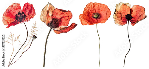 Fototapeta Naklejka Na Ścianę i Meble -  PNG Dried vibrant red poppy flowers, element set on transparent background
