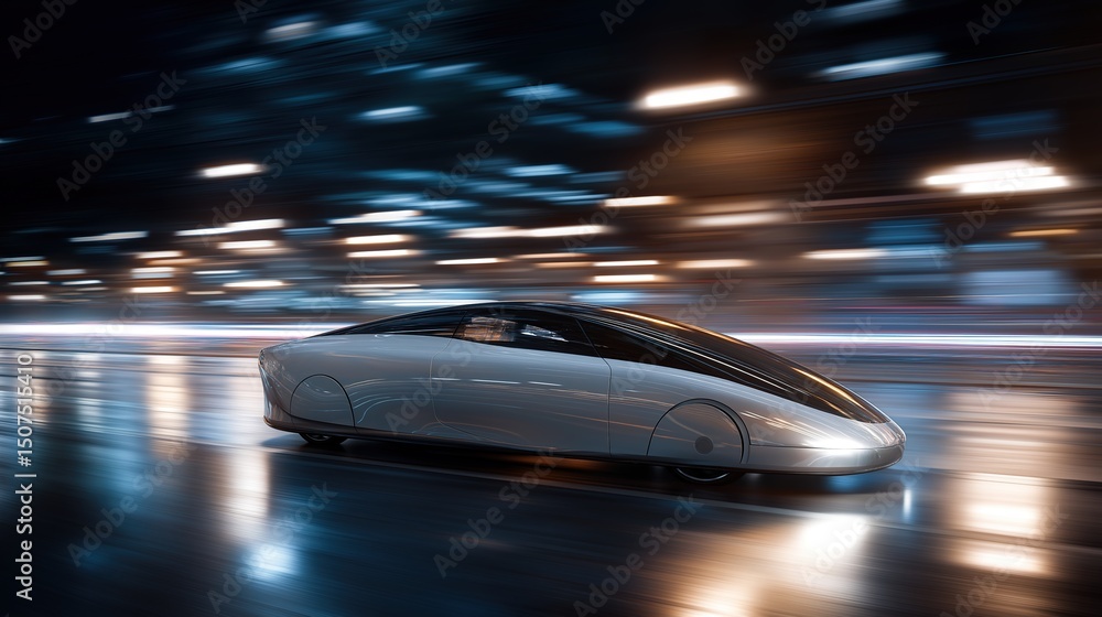 Futuristic vehicle gliding through city lights, embodying speed and urban innovation Futuristic vehicle gliding through city lights, embodying speed and urban innovation