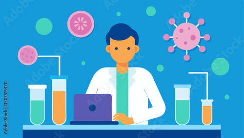 Laboratory Research A scientist in a lab coat working with test tubes and petri dishes with cancer cells illustrated on a screen in the background highlighting advanced research.