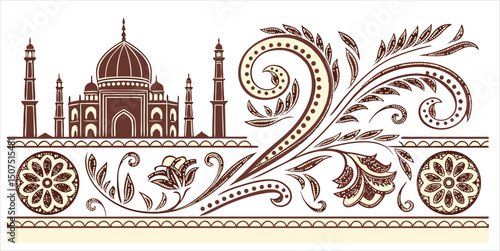 Decorative floral ornament with architectural building element in brown hues for design
