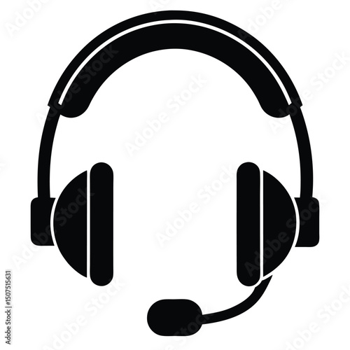 Black and White Illustration of Headphones with Microphone for Communication and Listening