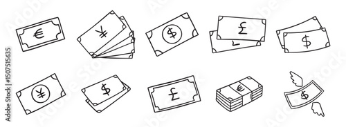 Money banknote. Different currencies, dollars, euros, pounds and yuan doodle hand drawn icon set. Outline drawing paper money in cash line clipart symbol collection