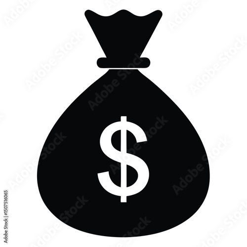 Black Bag of Money with Dollar Sign, Financial Wealth Symbolization on White