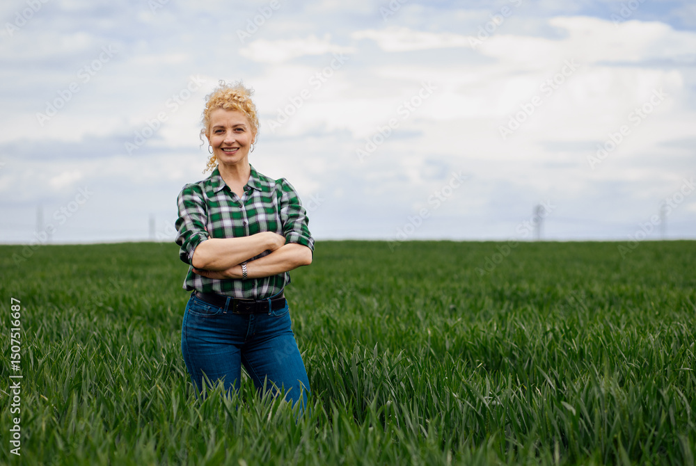 Adult female farmer standing in green wheat field looking at camera. Adult female farmer standing in green wheat field looking at camera.