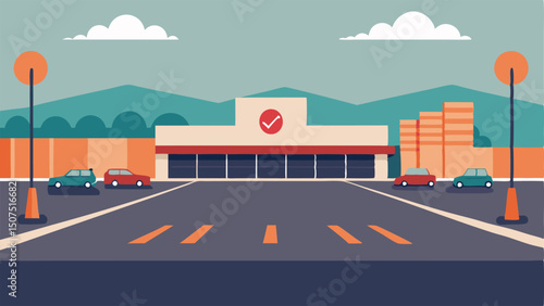 Empty Parking Lot A wide shot of a nearly deserted parking lot outside the mall with only a few cars and a No Vacancy sign drooping from lack of maintenance.