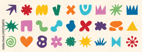 colorful organic doodle hand drawn colorful set. shapes and squiggles childish style. Abstract funny cute kids shapes elements. naive art