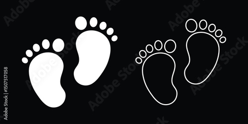 Two footprint / foot print flat icon for apps and websites. Footprint Symbol with Five Fingers in Flat Icon Design. Footprint Outline Icon with Five Fingers in Flat Icon. Different human footprints. 