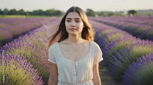 Young Woman in Lavender Field on a Sunny Summer Day – Romantic Nature Walk