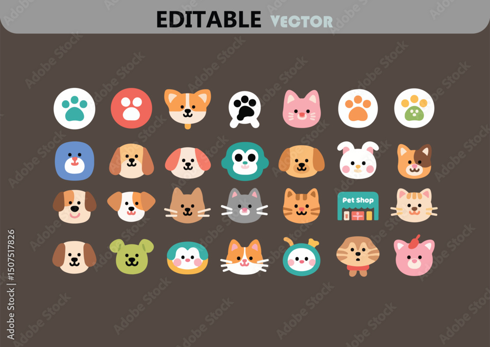 Obraz premium Cute cartoon pet icons set for app design