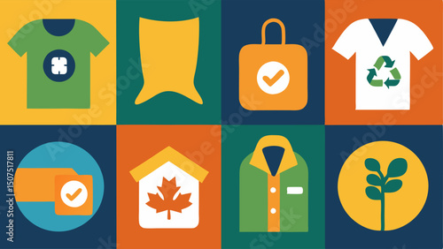 EcoLabel Love Closeup images of ecolabels attached to clothing featuring icons of recycling and sustainability all arranged like a patchwork quilt.