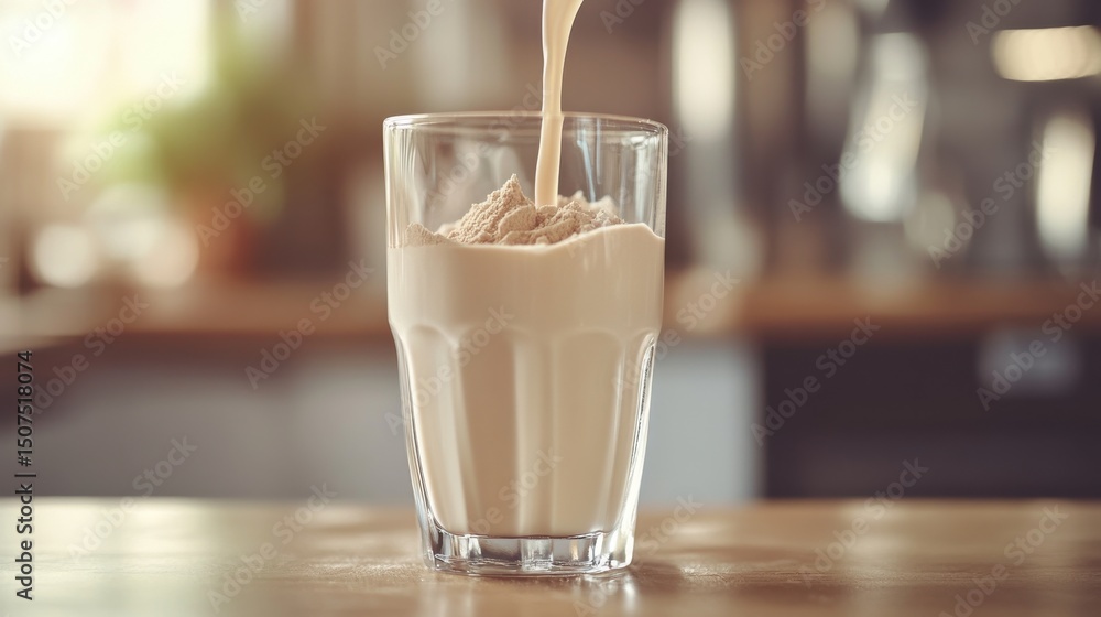 Pouring Vanilla Protein Powder into a Glass of Milk Pouring Vanilla Protein Powder into a Glass of Milk