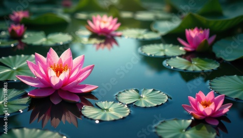 Water lilies create vibrant floral pattern across lake, landscape, bright