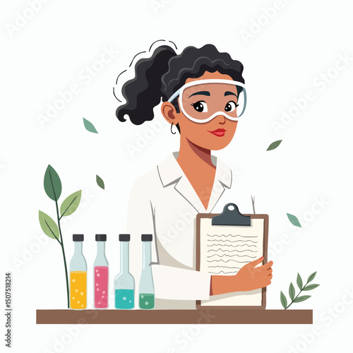 Black Female Biology Researcher Conducting Lab Tests – Modern Cartoon Design
