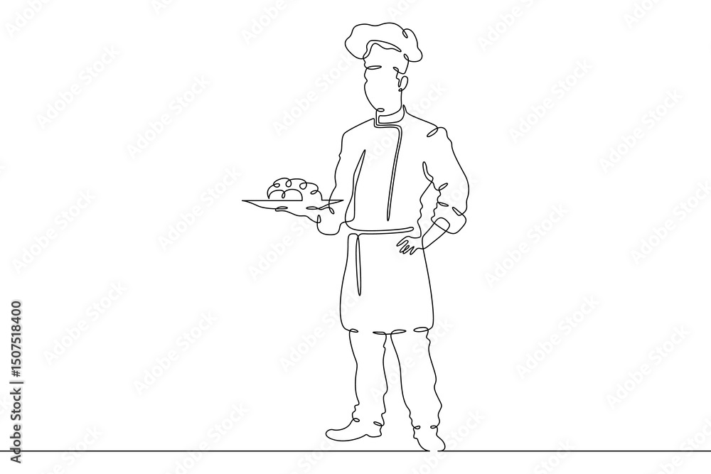 Continuous one line drawing Male chef in a hat. Chef in the kitchen. The cook is cooking.One continuous line isolated minimal illustration.Not AI. Continuous one line drawing Male chef in a hat. Chef in the kitchen. The cook is cooking.One continuous line isolated minimal illustration.Not AI.