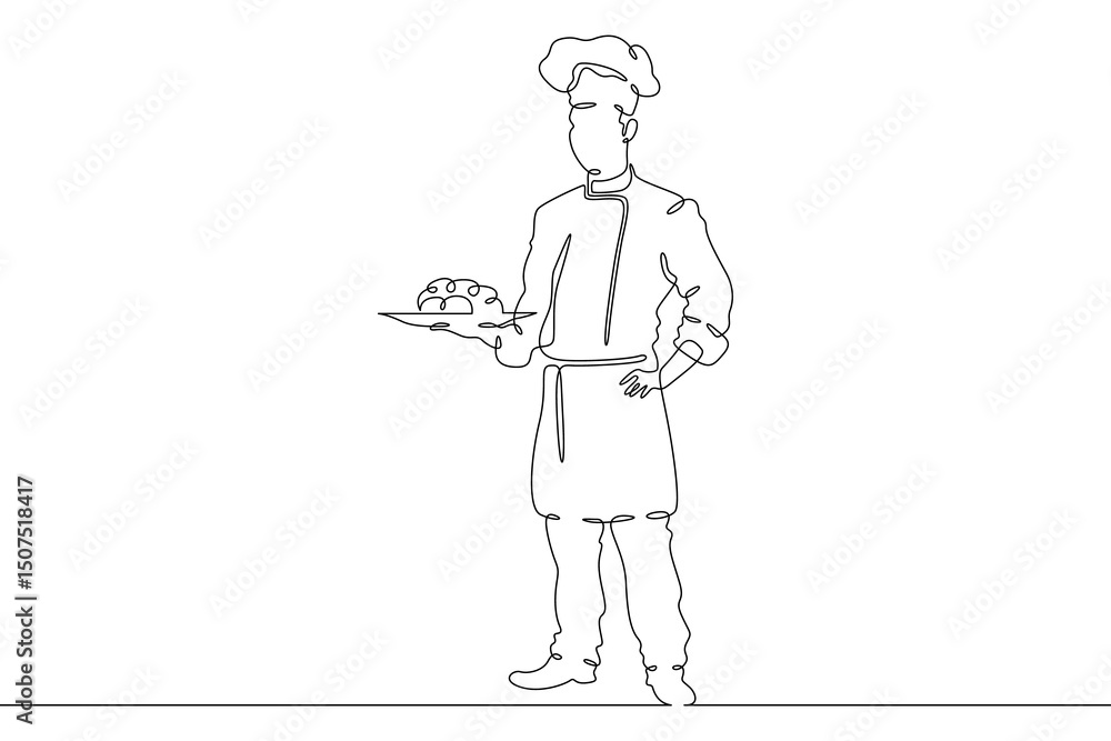 Continuous one line drawing Male chef in a hat. Chef in the kitchen. The cook is cooking.One continuous line isolated minimal illustration.Not AI. Continuous one line drawing Male chef in a hat. Chef in the kitchen. The cook is cooking.One continuous line isolated minimal illustration.Not AI.