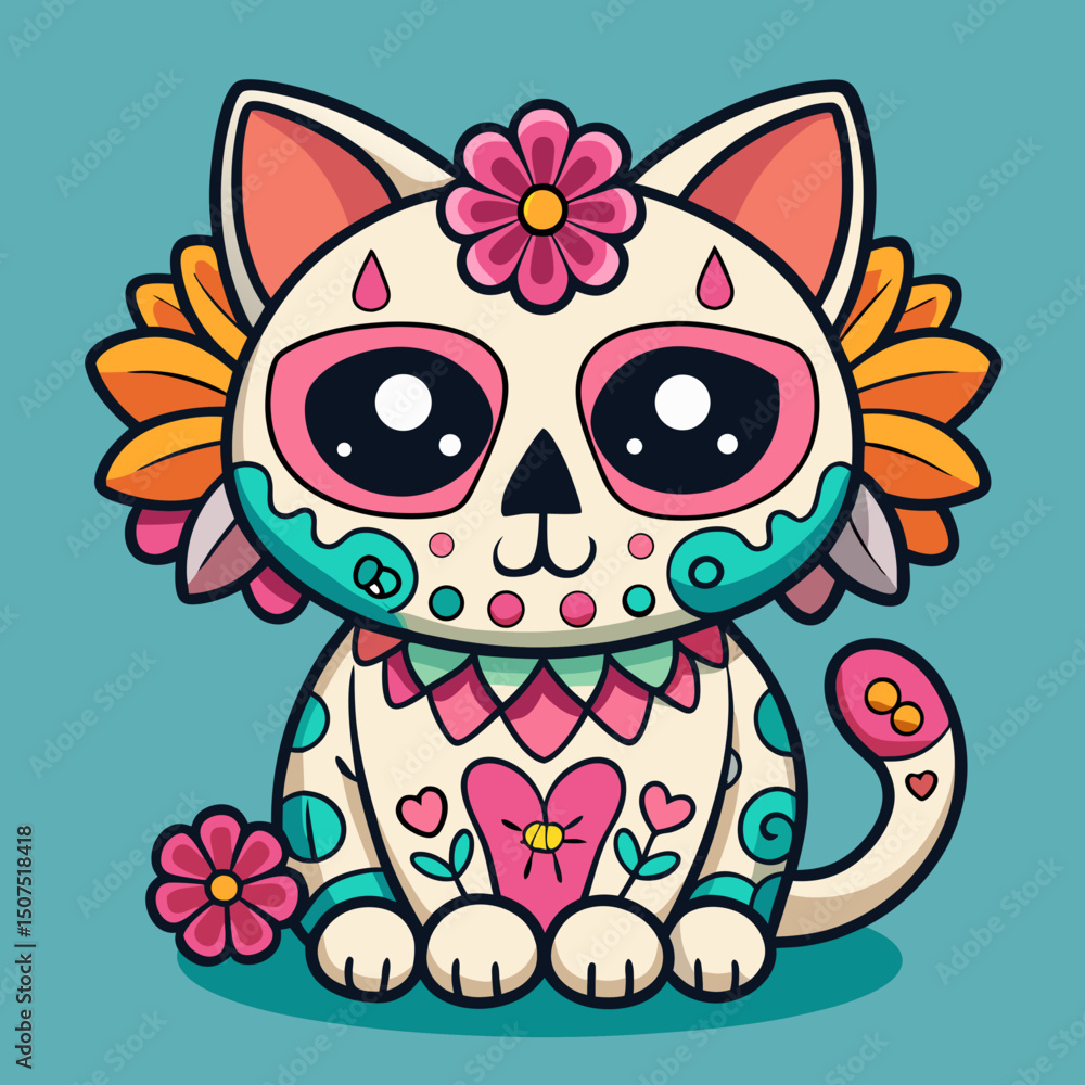 Fototapeta premium Adorable Day of the Dead Cat Illustration with Floral Design