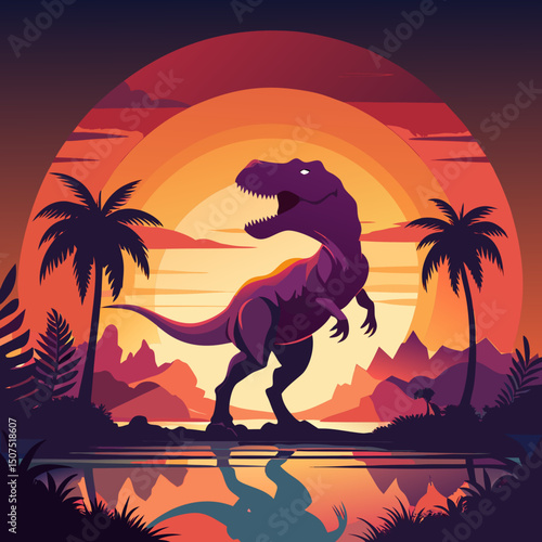 Tyrannosaurus Rex at Sunset Tropical Prehistoric Landscape
