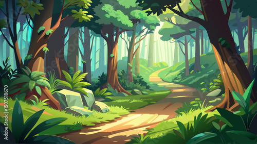 A peaceful forest path gently winds through dense, vibrant greenery, fading softly into the distance where sunlight filters through the canopy, inviting calm and serene exploration ahead.