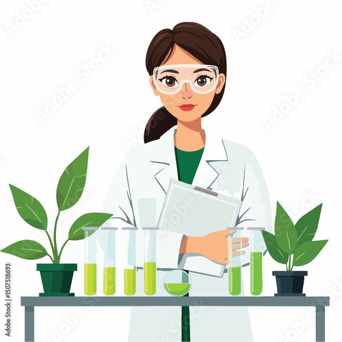 Female Biologist Working with Test Tubes in Laboratory – Flat Style Illustration