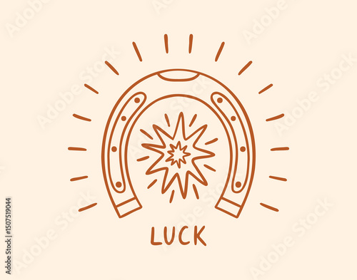 groovy funky lucky horseshoe hand drawn lettering label, positive hippie sketch hand drawn poster or sticker. Wild west doodle vintage retro decor
