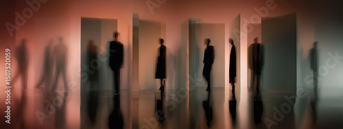Abstract silhouettes of people standing within modern box-like structures, creating an ethereal atmosphere of mystery and depth.