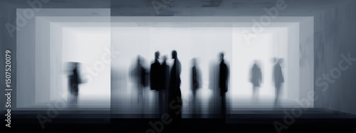 Abstract silhouettes of people standing within modern box-like structures, creating an ethereal atmosphere of mystery and depth.