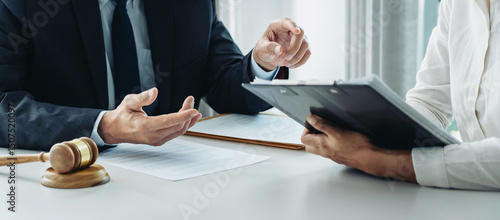 Male lawyer or notary working consulting and discussion to businesswoman client in the office, Law and Legal services concept