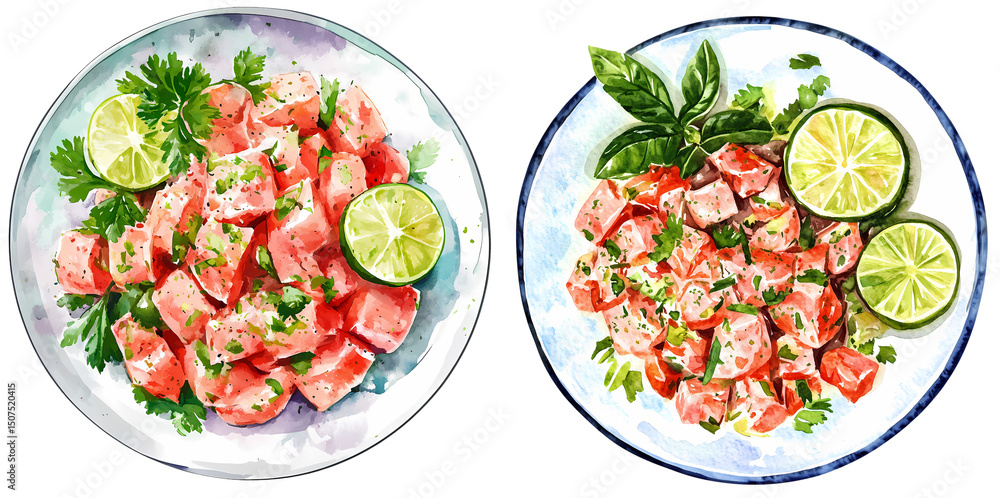 Illustrated watercolor plates of seafood ceviche with lime and herbs on a transparent background. Illustrated watercolor plates of seafood ceviche with lime and herbs on a transparent background.