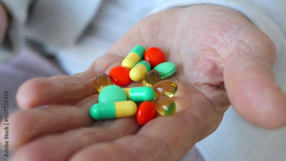Wrinkled hands of an elderly patient holding a handful of various colorful pills and capsules, showcasing the concept of healthcare in old age Wrinkled hands of an elderly patient holding a handful of various colorful pills and capsules, showcasing the concept of healthcare in old age