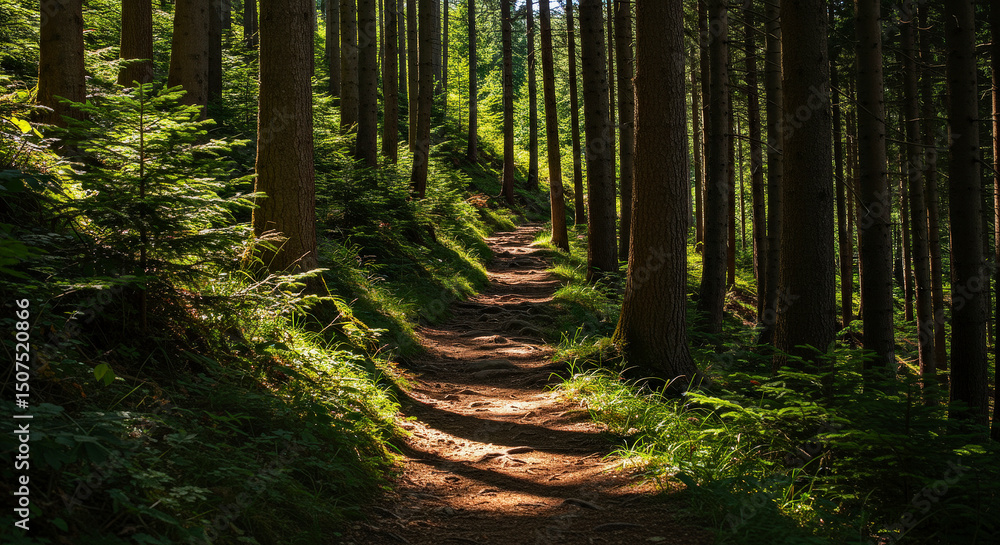 Fototapeta premium Sunlit Path Through Dense Forest with Tall Trees and Green Foliage Creates Atmospheric Landscape Scene