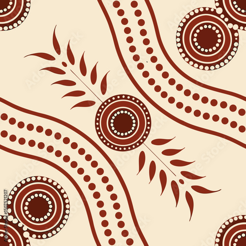  Desert-inspired Aboriginal dots and leaf trail in red on cream for cultural education, native history, ethnic patterns, and indigenous branding