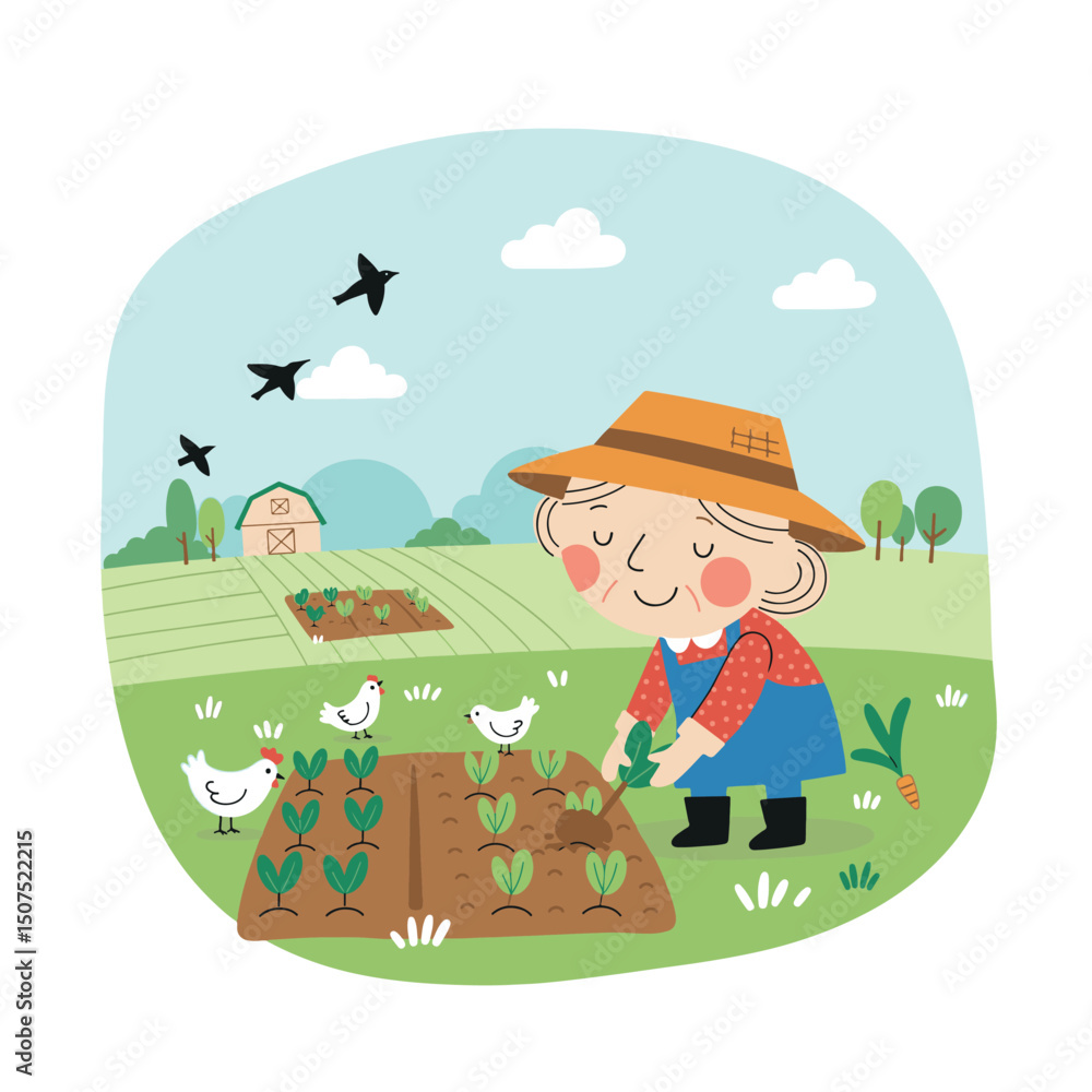 Fototapeta premium Whimsical Farm Scene Illustration with Cheerful Farmer and Chickens