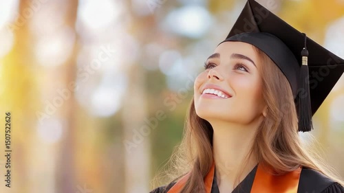 A Dreamer's Gaze: A recent graduate, beaming with hope and ambition, gazes towards the future, radiating optimism as the warm sun shines on her face.