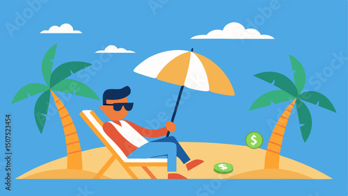Exotic Location The boss perched on a beach lounge chair sunglasses on counting money under an umbrella with palm trees swaying in the background.