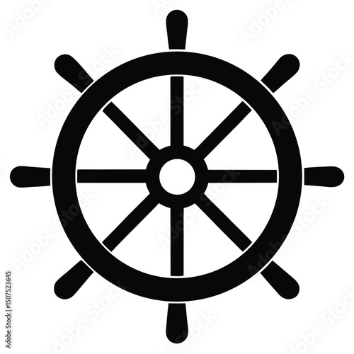 Ship Steering Wheel Black Silhouette with Eight Spokes on a White Background