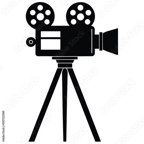 Silhouette Illustration of Vintage Movie Camera on Tripod for Filmmaking Icon Design
