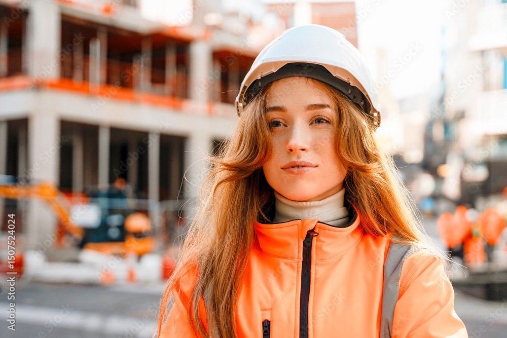 portrait of young woman builder with long hair in orange hi viz with construction activities in background portrait of young woman builder with long hair in orange hi viz with construction activities in background