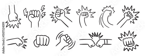  fist and fight related doodle hand drawn icon set. Outline drawing fist and fight related line clipart symbol collection