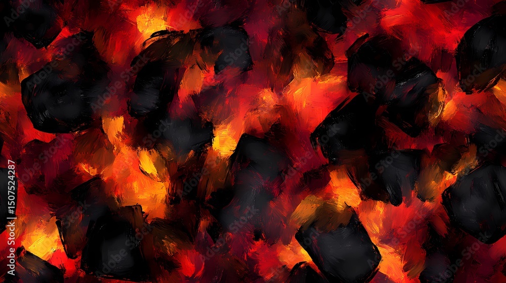 Fototapeta premium Textured smoldering coals with fiery cracks and ash detail, ideal for fantasy settings, volcano art, or energy concepts.