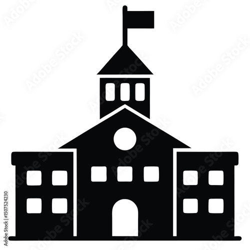 Silhouette of a Classical Building with Flag and Architectural Features, Flat Design Style
