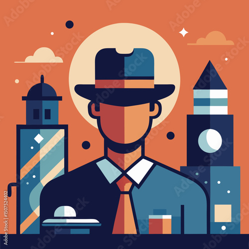 Simplistic flat vector design of a street scene with stylized character and minimal everyday objects, bold shapes and limited color palette