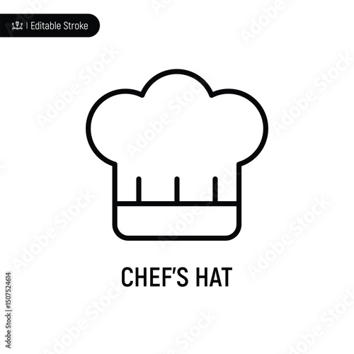 Chef's hat thin line icon, editable stroke, pixel perfect, compatible for app or web, isolated on a white background.