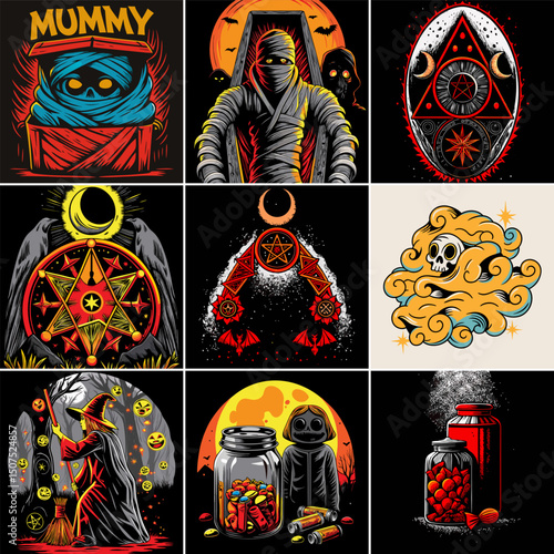 Nine spooky halloween designs mummy witch occult symbols