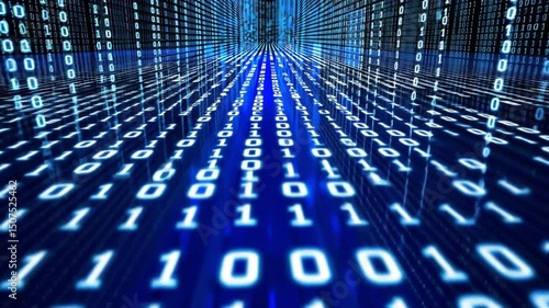 Futuristic digital landscape of binary code flows in blue tones, enhancing technology and connectivity while representing abstract data and numbers in modern environment.