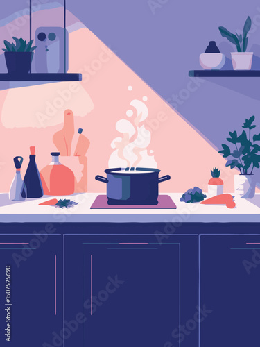 Steaming Pot on Kitchen Counter – Minimal Cooking Scene
